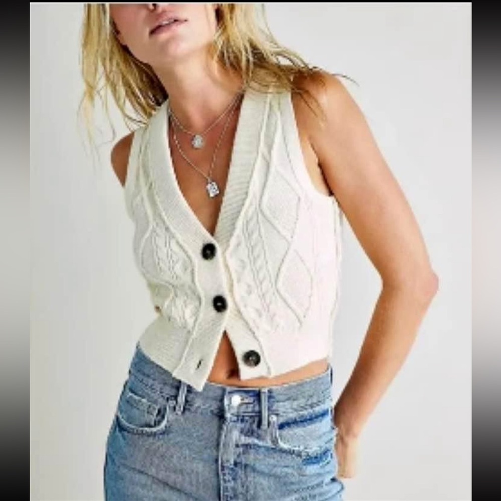 New Free People Denson Cable Cropped Sweater Vest Ivory Large